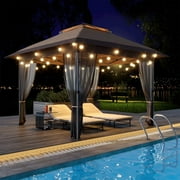 STRELECT 12'x12' Pop Up Gazebo, Outdoor Canopy Tent with Mosquito Nettings and Double Top Roof, Instant Canopy for Patio, Party, Backyard, Garden, Brown